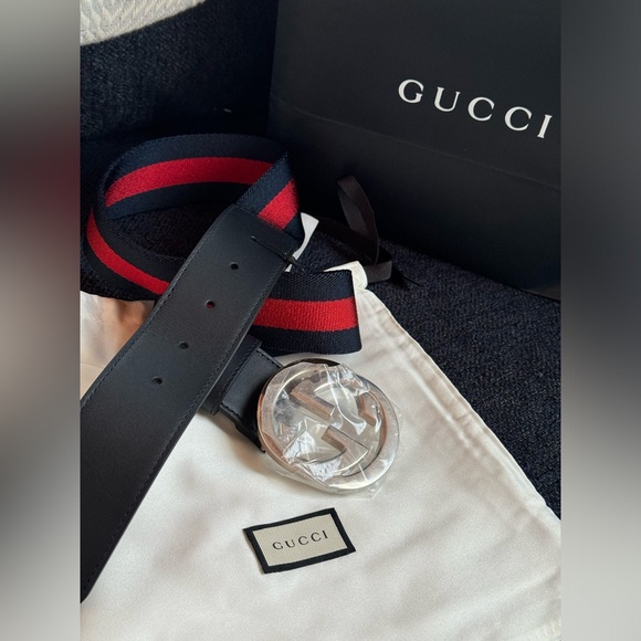 GUCCI RED AND BLUE NAVY WEB BELT WITH INTERLOCKING G LOGO BUCKLE - Picture 3 of 4